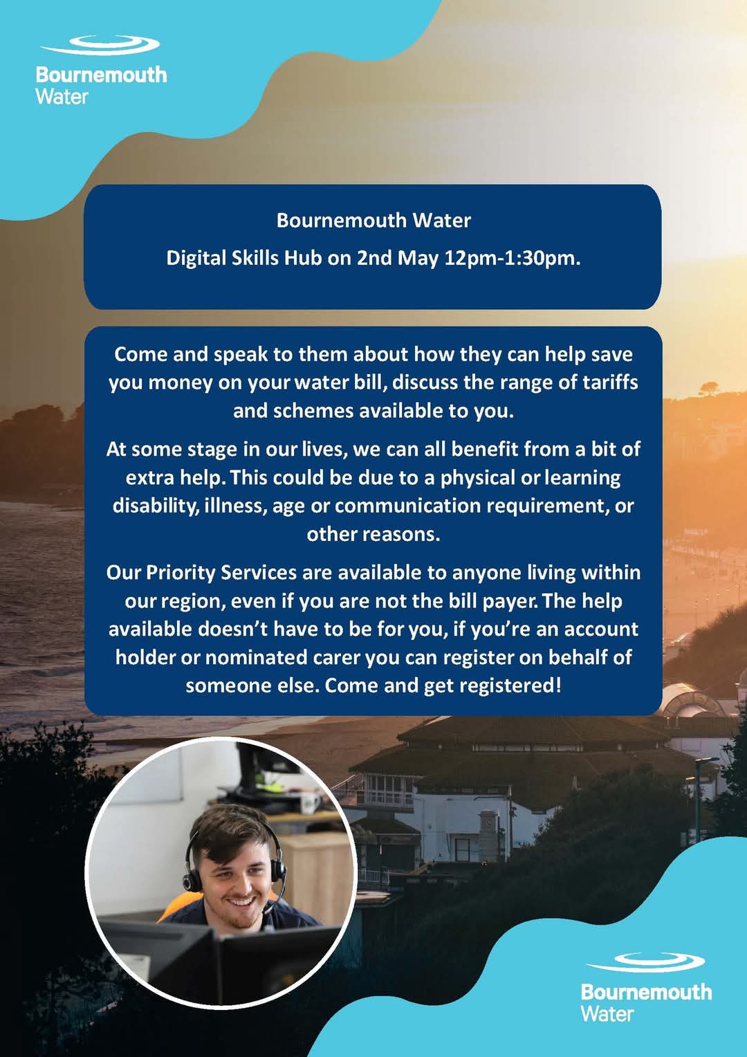 Bournemouth Water's at the Digital Skills Hub Boscombe. Save money on your water bill. 2nd May 12pm-1.30pm