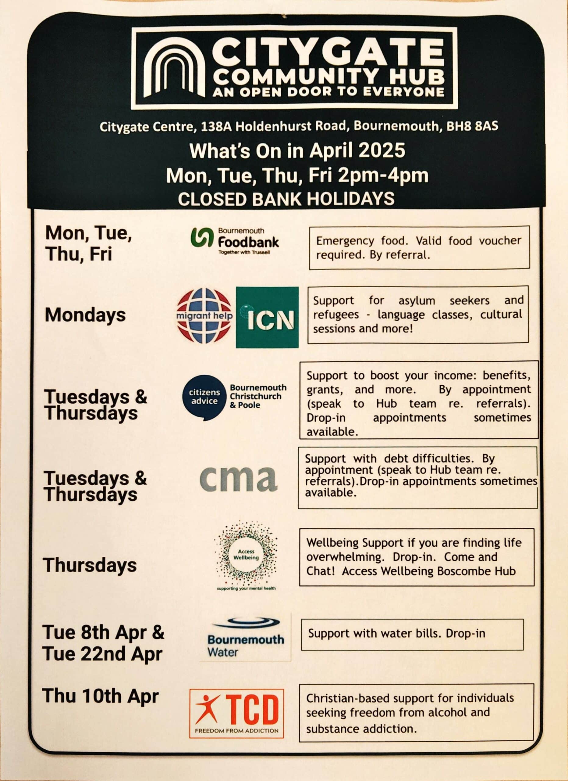 City Gate Community Hub. April 2025 Calendar 