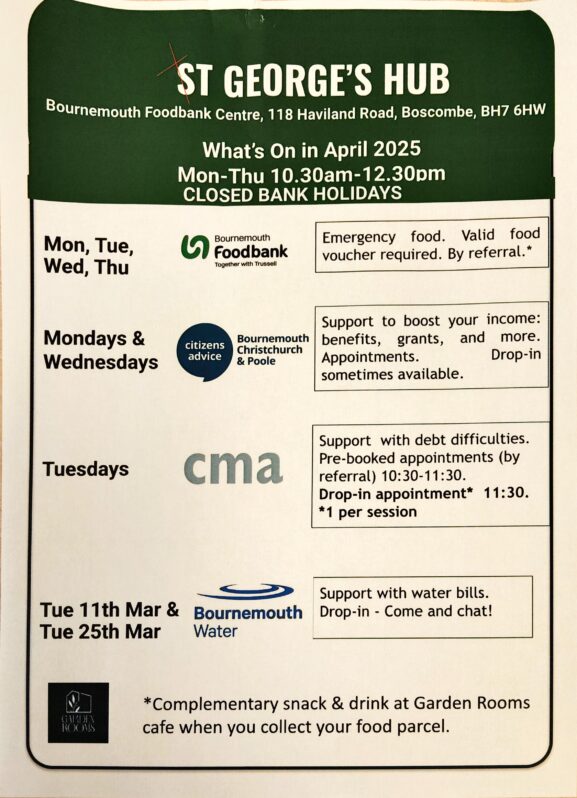 ST George's Hub, Bournemouth Foodbank Centre April Community Services Calendar.