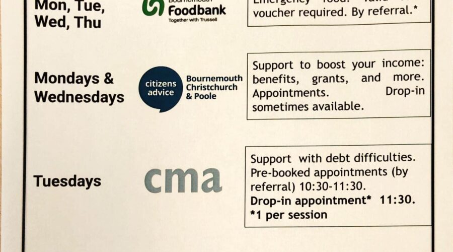 ST George’s Hub, Bournemouth Foodbank Centre, April Community Services Calendar.