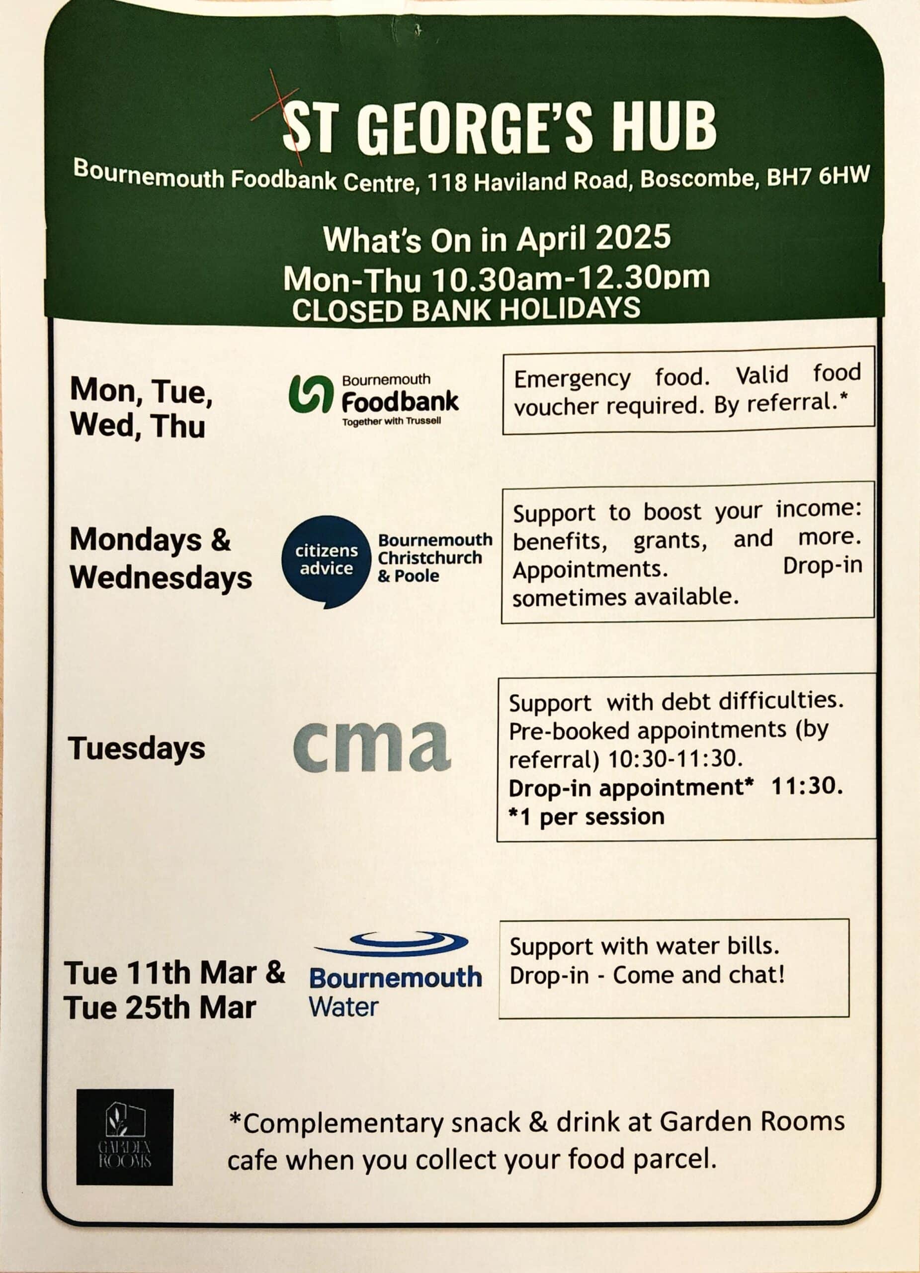 ST George's Hub, Bournemouth Foodbank Centre April Community Services Calendar.