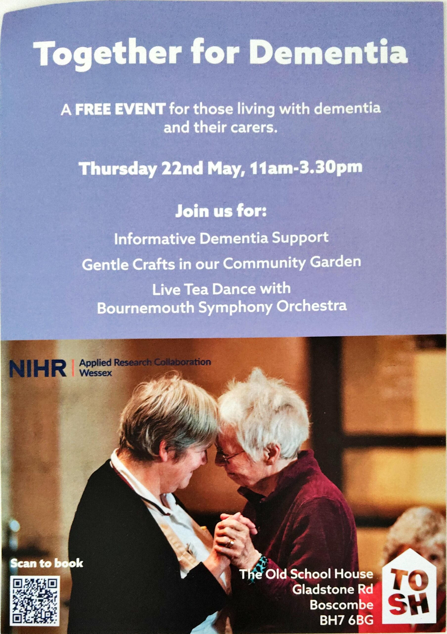 A free community event, "Together for Dementia," will be held at The Old School House (TOSH) on Thursday, May 22nd, from 11:00 AM to 3:30 PM. 