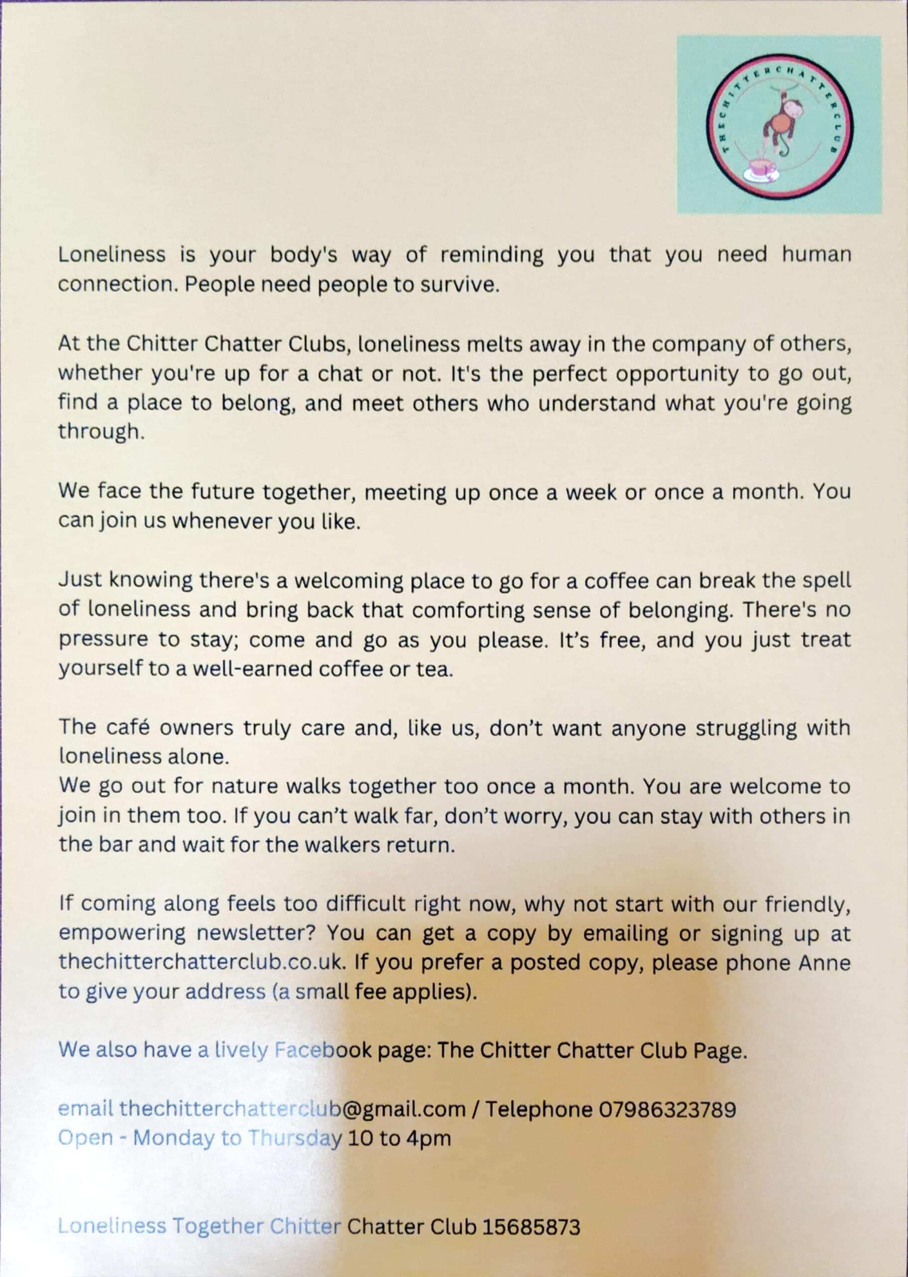 Combat Loneliness: Join The Chitter Chatter Club in Dorset
