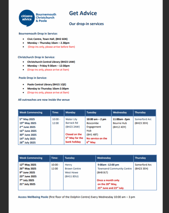 Citizens Advice Bournemouth, Christchurch & Poole Announces Drop-in Service Schedule